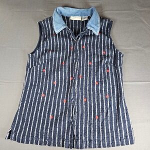 Lemon Grass XL Striped Sleeveless Top Denim Poplin Collar Star Accents